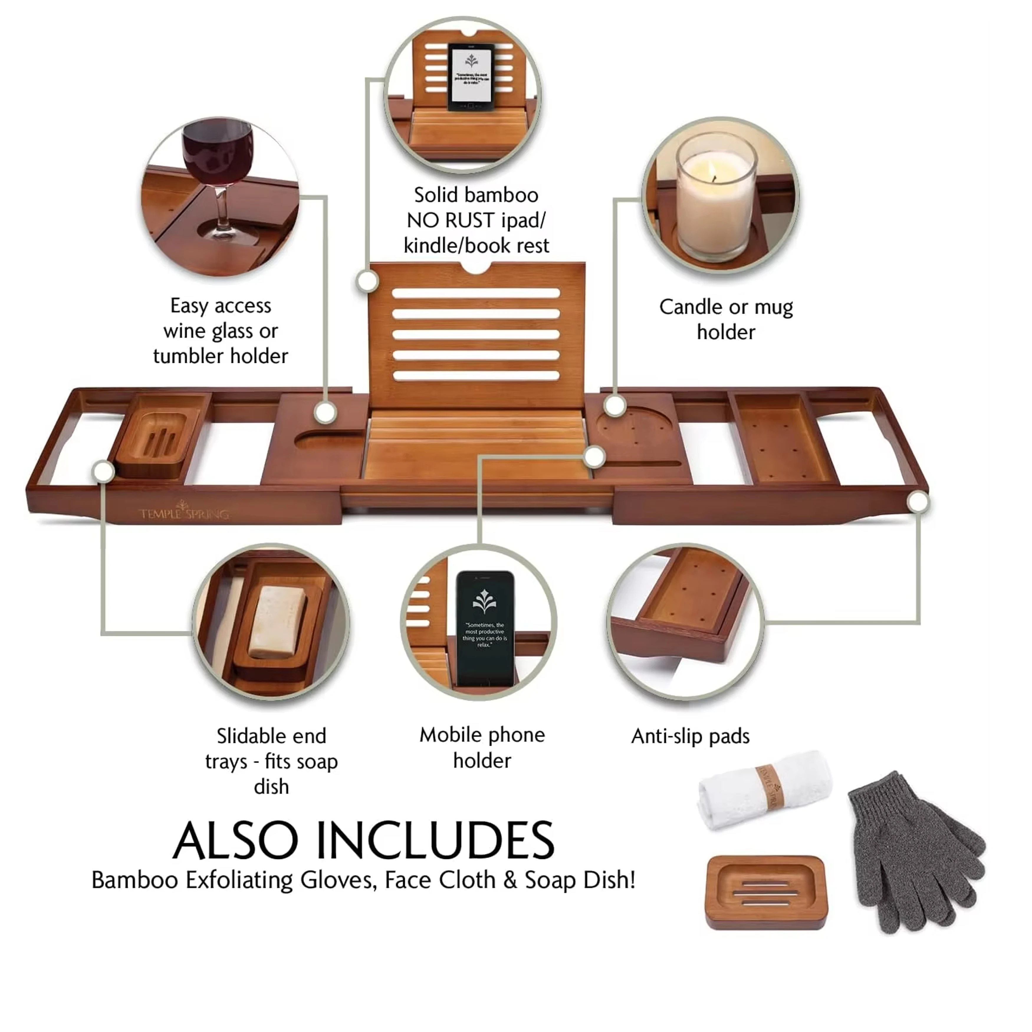 Adjustable Extendable Bath Tray Wooden Bathtub Tray for Bathtub with Candle Holder Wine Glass Book iPad & Phone Holders Bathroom
