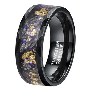 Coolstyle Jewelry 8mm Engagement Wedding Band for Men Women Meteorite and Foil Fragment Inlay Black Hammered Tungsten Ring