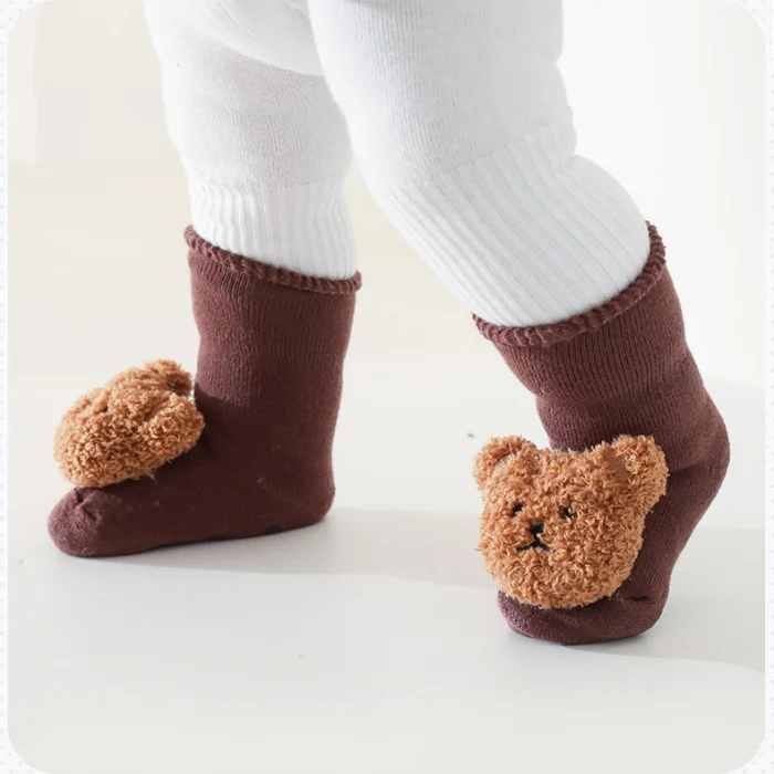 Winter Newborn Thicken Terry Loop Warm Stockings Cute 3d Cartoon Bear Dolls Anti Slip Baby Floor Socks