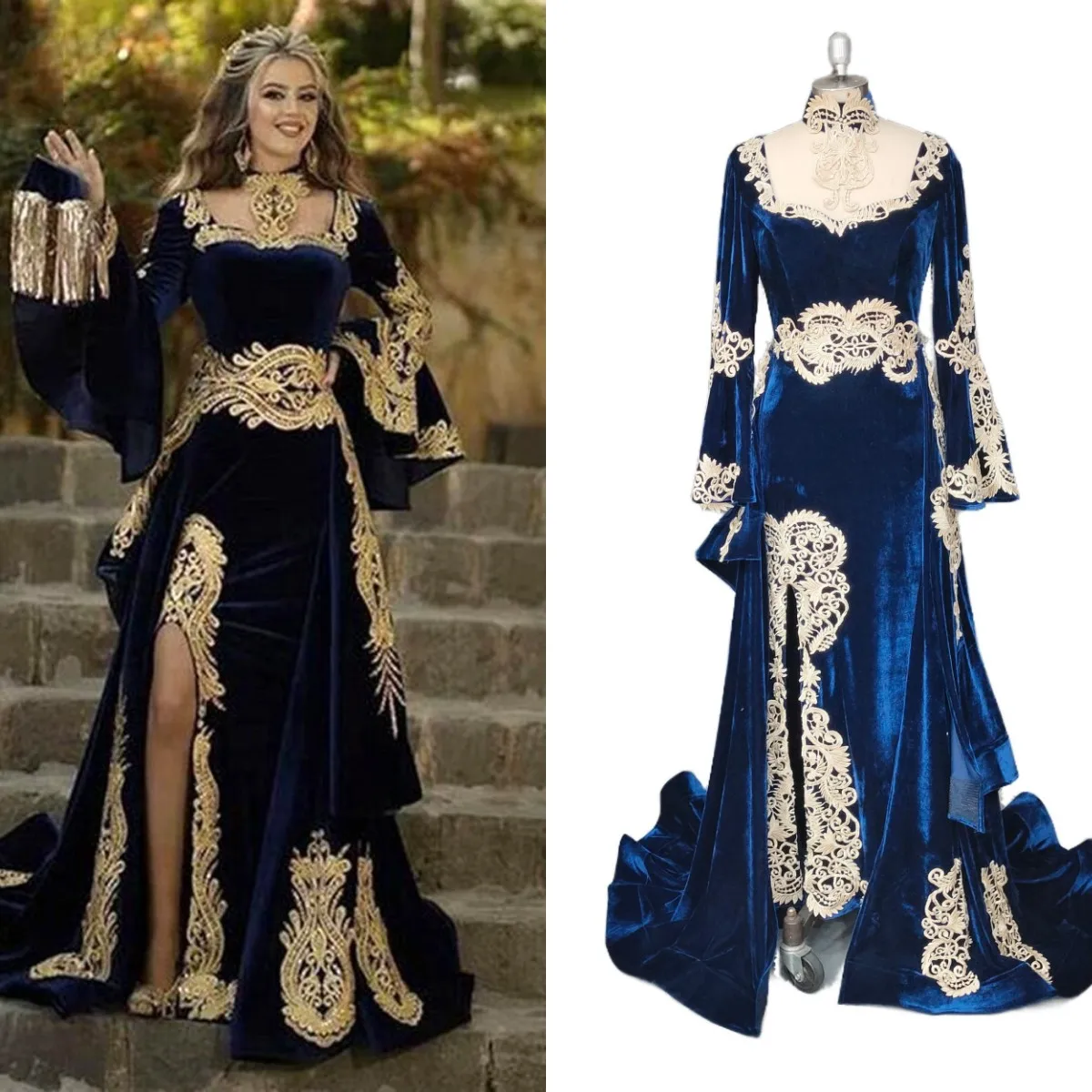 green emerald velvet dress Two Pieces Wedding Gown Boho Wedding Dress Long Sleeves  TANYA BRIDAL