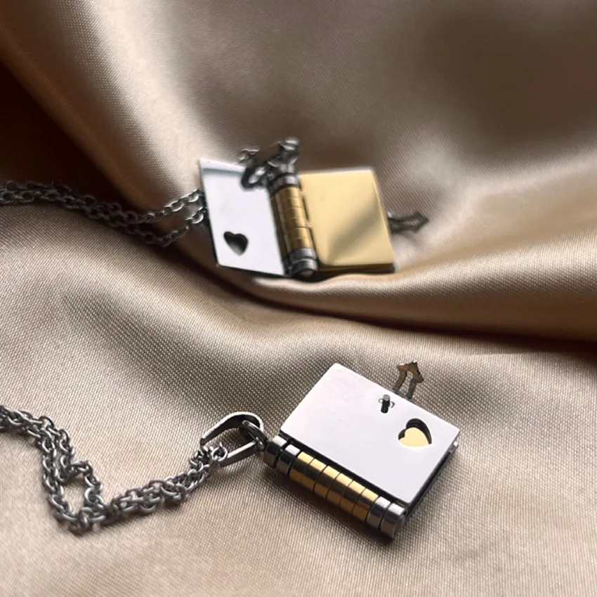 Dainty Meaningful Couple Jewelry Stainless Steel No Fade Locket Necklace 3 Colors Book Necklaces Souvenir Gifts Laser Logo