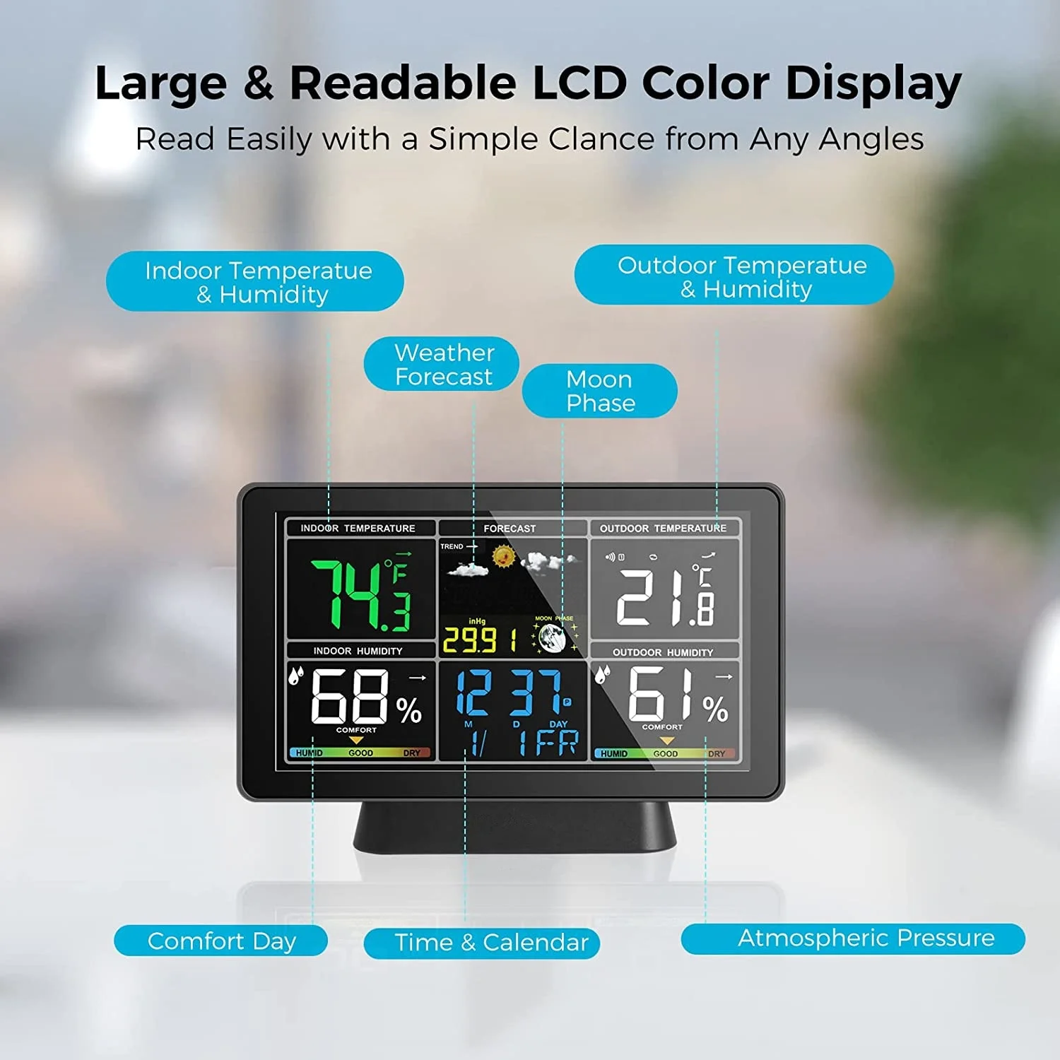 Colorful Digital Display Radio Control Indoor Outdoor Temperature Humidity Forecast Wireless Weather Station