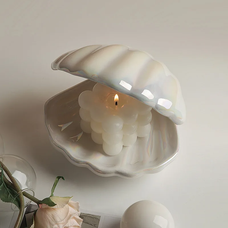 Pastel Aesthetic Home Decor Set Clam Shell Tray Bubble Candles Speckled Mug Pleated Lamp Neutral Tone Modern Shelf Styling