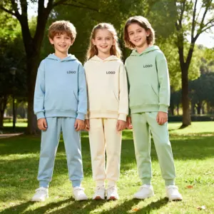 OEM ODM Relaxed Fit Recycled Cotton Blend Children Pullover Hoodie with Big Kangaroo Pockets and Matching Sweatpants Joggers