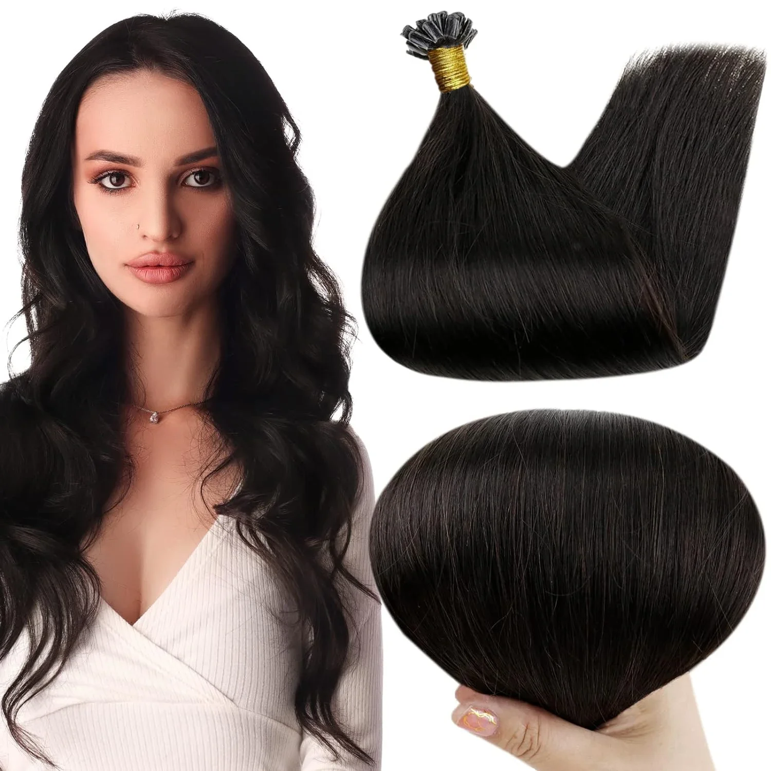 Extensii de păr drepte cu vârf în U, 100% păr uman real, 16-26 inci, 50 g, extensii de păr Fusion, culoare 1B negru, pentru salon, de înaltă calitate_voghion.com