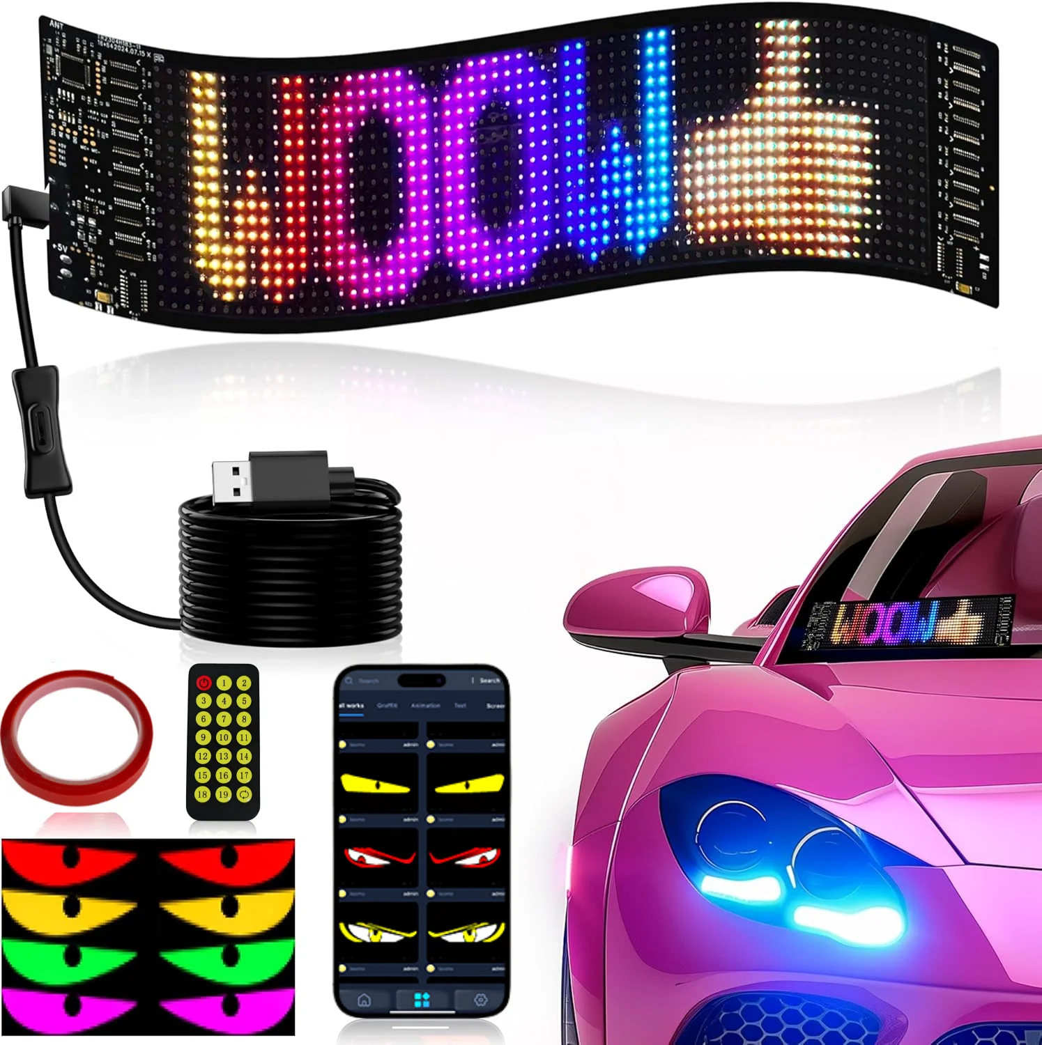 Demon Eye LED Light Stickers For Car - Flexible Animated Headlight/Windshield Decals, USB Powered, 10 Modes