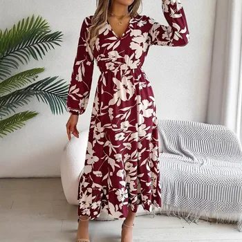 Women's Autumn Casual Dresses V-Neck Lantern Long Sleeve Floral Printed Fluttering Midi Dress with Ruffle Hem