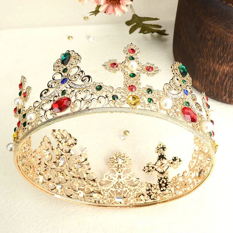 New Baroque Pearl and Crystal Bride Vintage Princess king Queen Gold Metal Headdress Grand Garden Crown