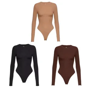 Custom logo Casual Round Neck Sexy Bodycon One Piece Long Sleeve Tops Bodysuit Jumpsuit for Women