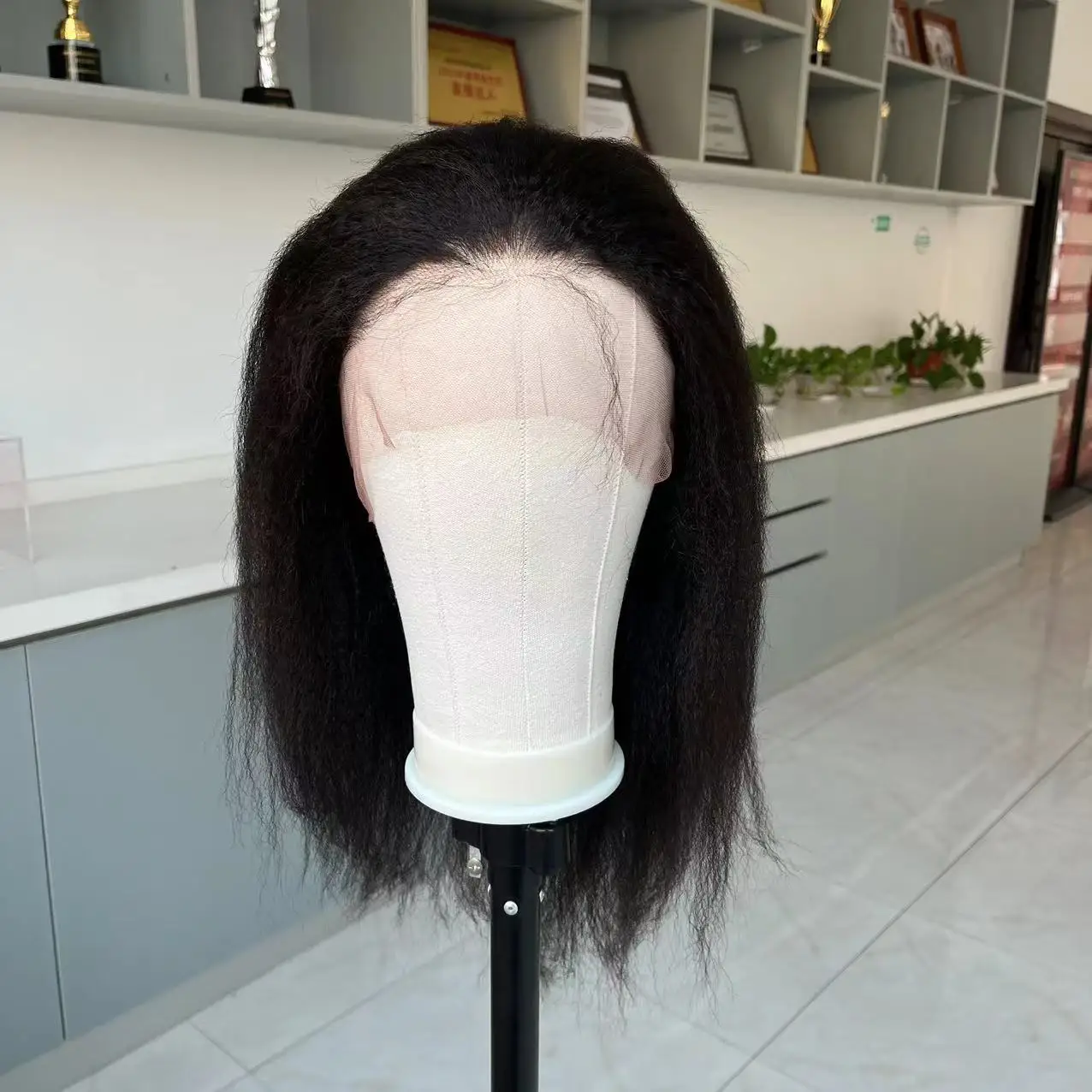 16 inch natural black color kinky straight texture full lace wig 100% human remy hair for women