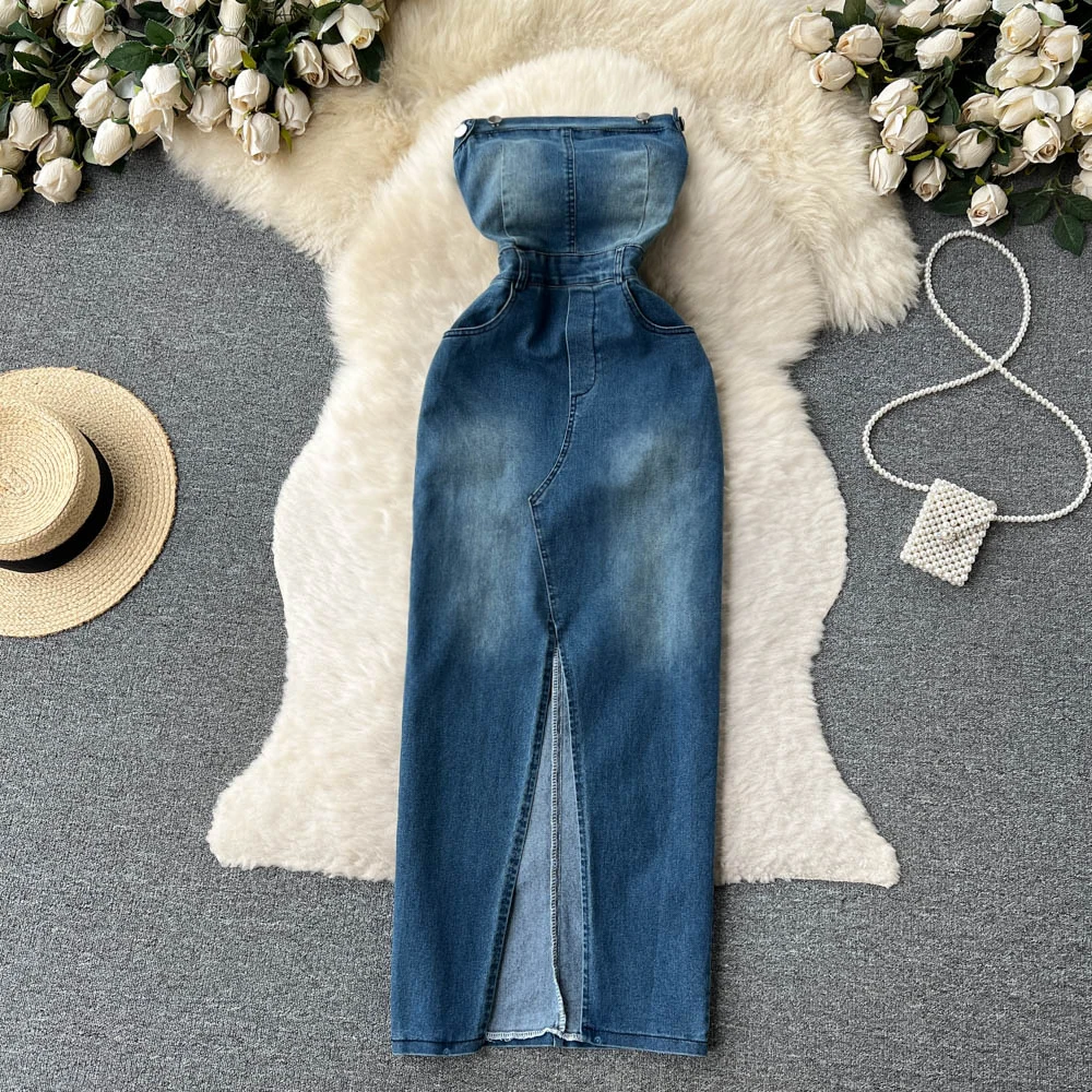 tight denim dress fit made in with middle light wash FP26SD4007D46002 FRACOMINA Easily elevate your style by pairing her with some boots and a matching purse SHEIN ICON Off Shoulder Elastic