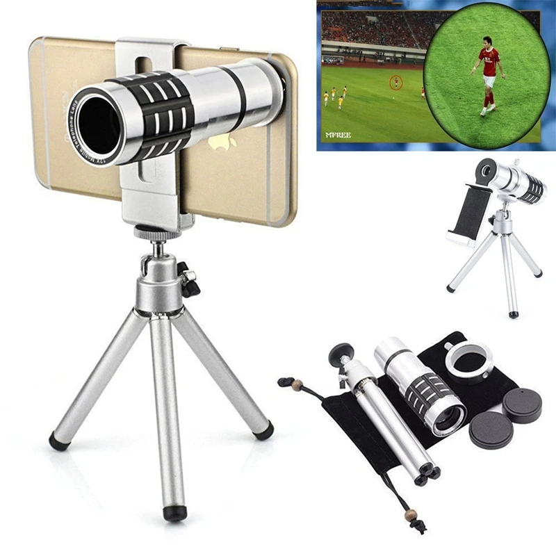 Adjustable Zoom Optical Lens 12x Single Binoculars Clip-on Phone Lens Kit Universal Mobile Phone Monocular