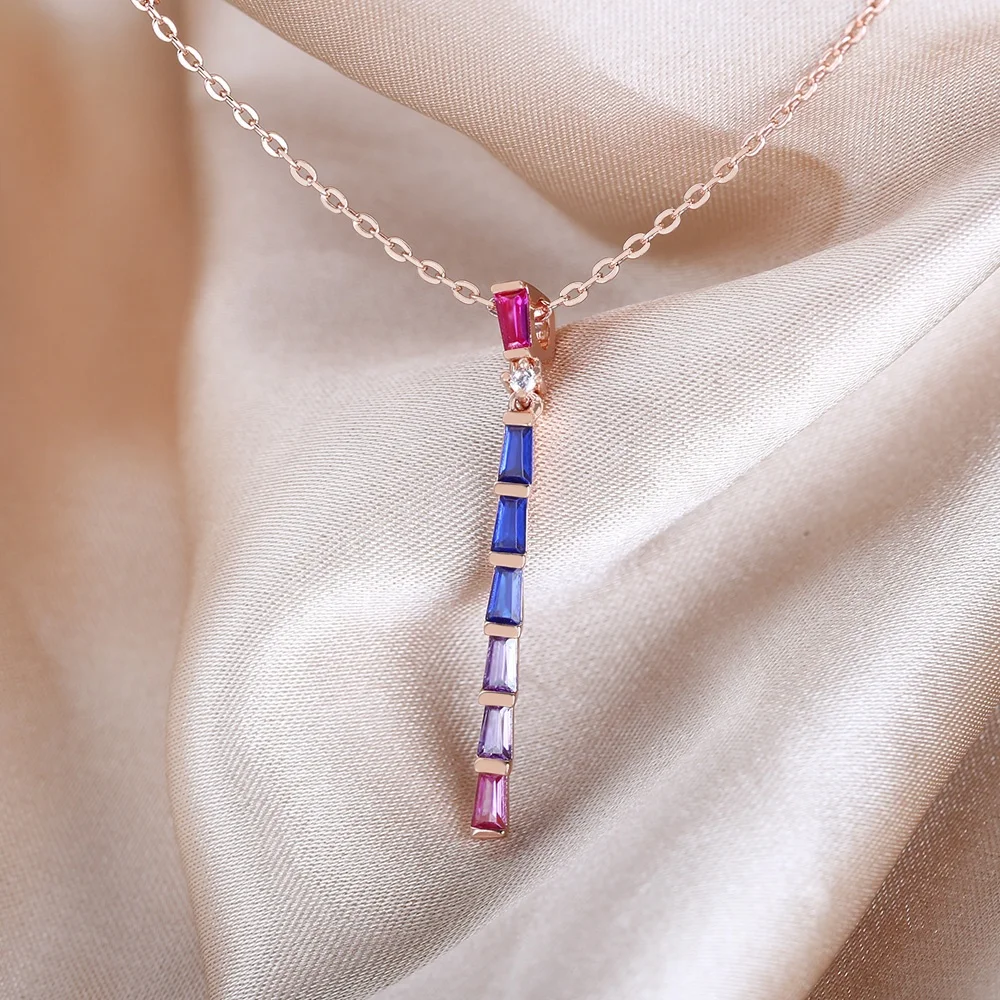 925 Sterling Silver Pendant Trapezoid Cut Rainbow Zircon Pendant Necklace Baguette Necklace Pendant