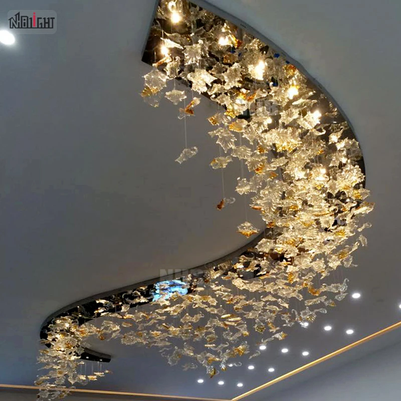 Custom Lighting Modern Art Blown Glass Maple Leaf Decorative Large Chandelier&Pendant Lights for High Ceiling of Hotel Club Hall