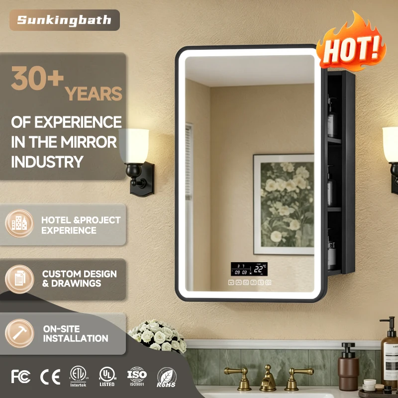 LED Mirror Cabinet with Bluetooth Speaker Anti-Fog Wall Mounted Bathroom Medicine Cabinet Adjustable Shelves Aluminum Alloy