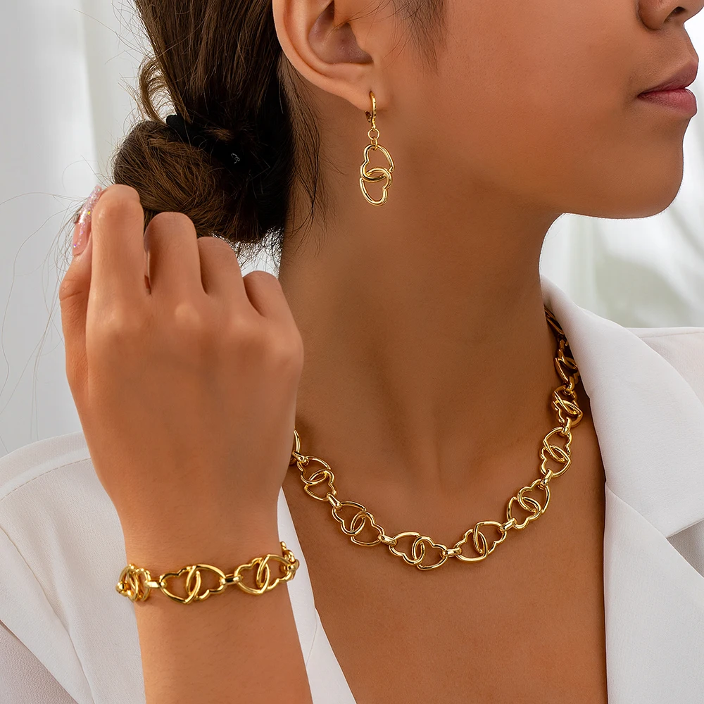 Selling Fashion Accessories Light Luxury Custom Gold-plated love Chain Necklace Bracelet Earrings Set Women