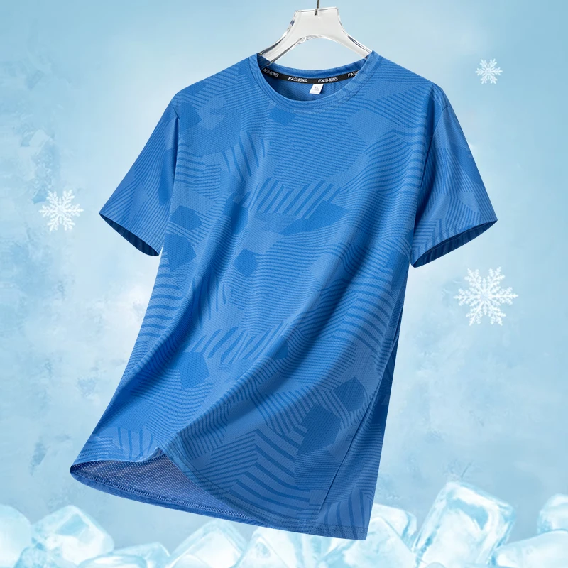 Geometric Print Solid Color Breathable Mesh Sports T-Shirt, Polyester Quick-Drying Men's Short Sleeve, Regular Fit, Running & Fitness