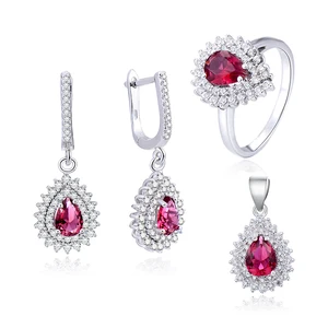 Customized 925 Sterling Silver Jewelry Sets Aaa Crystal Rhodium Plating Teardrop Ruby Rhinestone Jewelry Set
