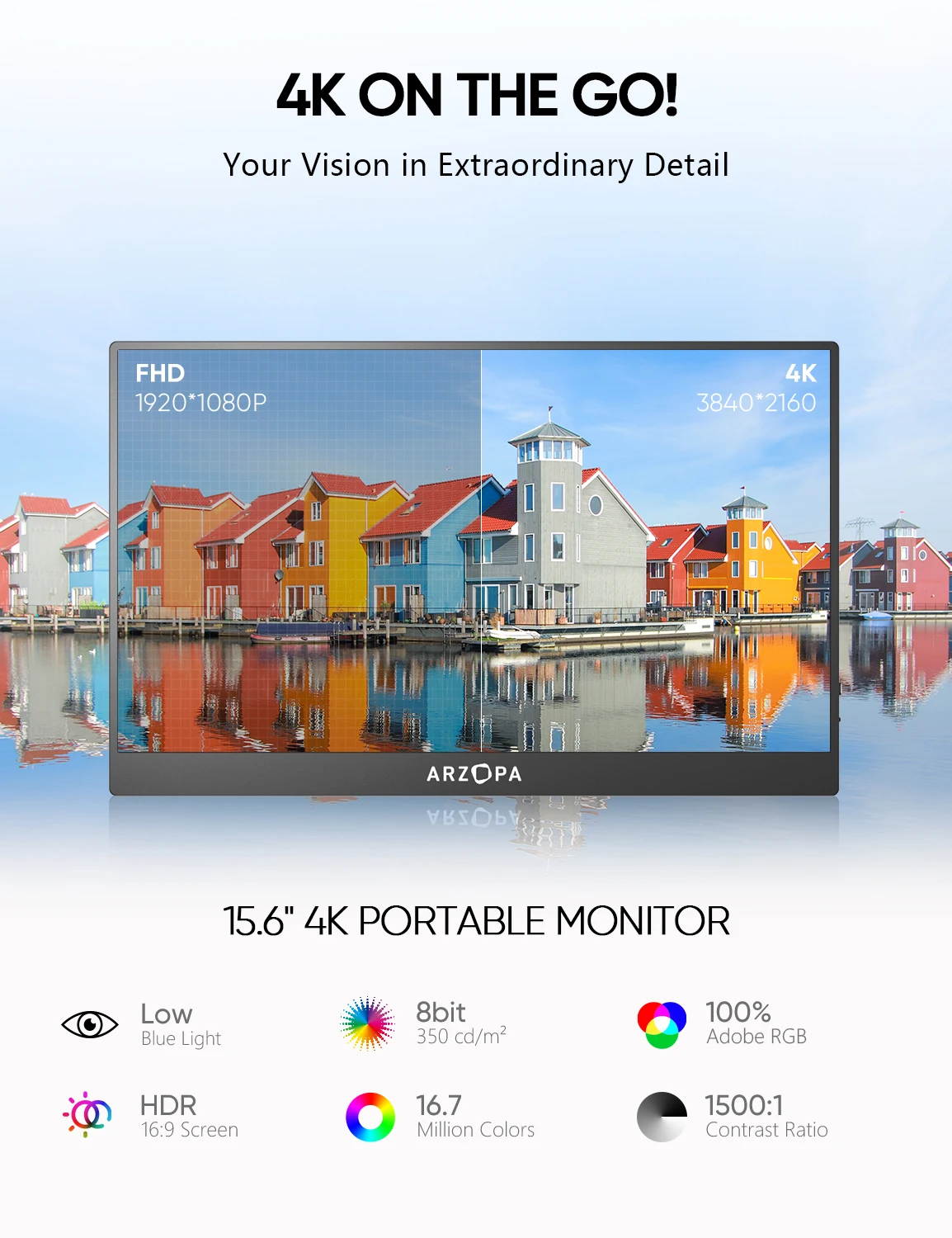 Arzopa 15.6 Inch 4K Portable Monitor - HDR & Anti-Blue Light