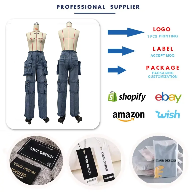 D8686 High Quality Streetwear Cargo Jeans Women Multi-pocket