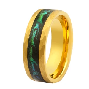 Tizti Jewelry 8mm Matte Brushed Gold Hammered Green Quicksand Tungsten Ring for Men