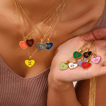 Trendy Colorful Enamel Heart 12 Zodiac Signs Necklace Gold Plated Stainless Steel Jewelry Pendant Necklace For Women