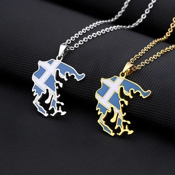 Enameled Greece Map Chain Necklaces Stainless Steel 18K Gold Plated Enamel Greece National Flag Map Pendant Necklace