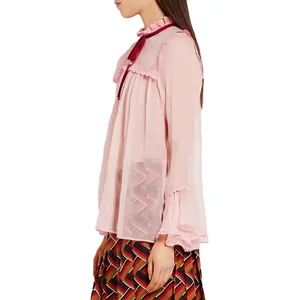 Custom High Quality Spring Autumn Causal  Chiffon Fabric Soft Double Sided Long Sleeve Ladies Blouses and Tops