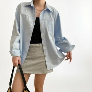 Custom Women's Oversized Blue Button-Down Shirt with Chest Pocket