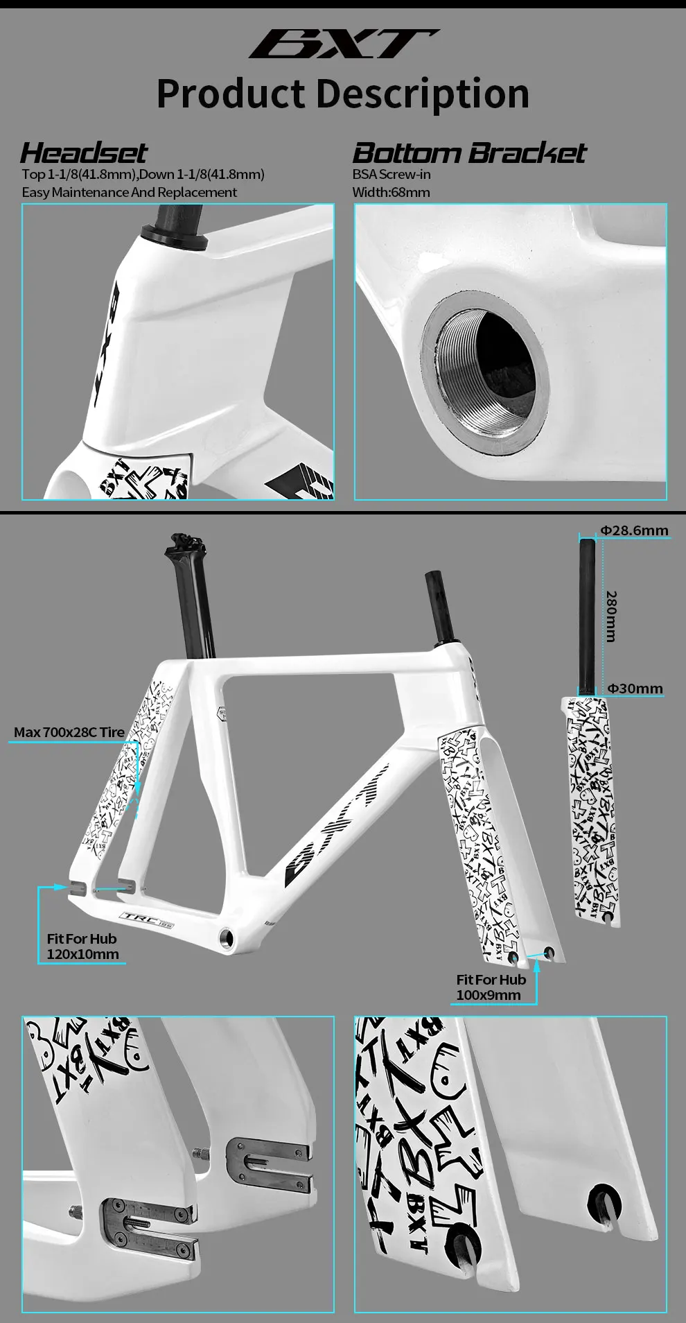 BXT TRC-195 2025 新型固定ギア自転車フレーム – T1000カーボン
