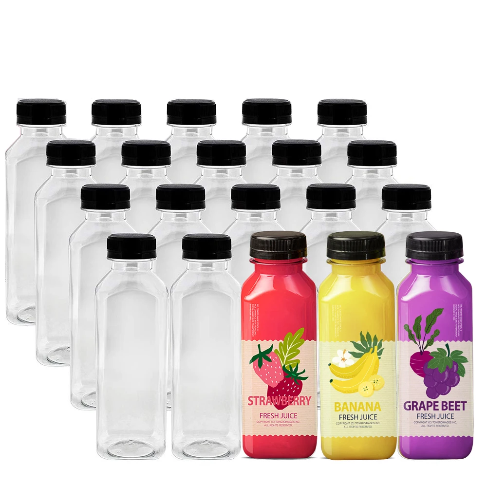 250ml 350ml 400ml 500ml Customized Labeling PET Juice Bottle Square Transparent PET Drinks Plastic Juice Bottle With Cap