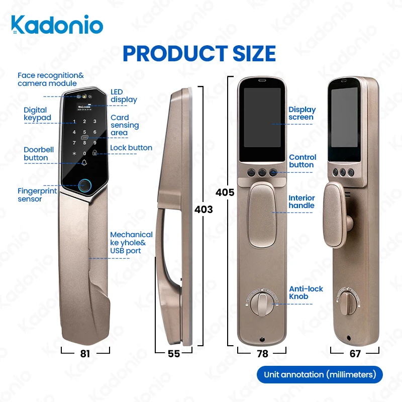 Kadonio Powerless Top Security Passive NFC 4 Electric Bolt Face Recognition Smart Metal Door Lock Main Gate Lock