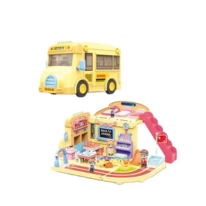 ITTL Assembled Cute School Bus Toy for Toddlers Mini Pretend Play Educational Scene Made of Plastic