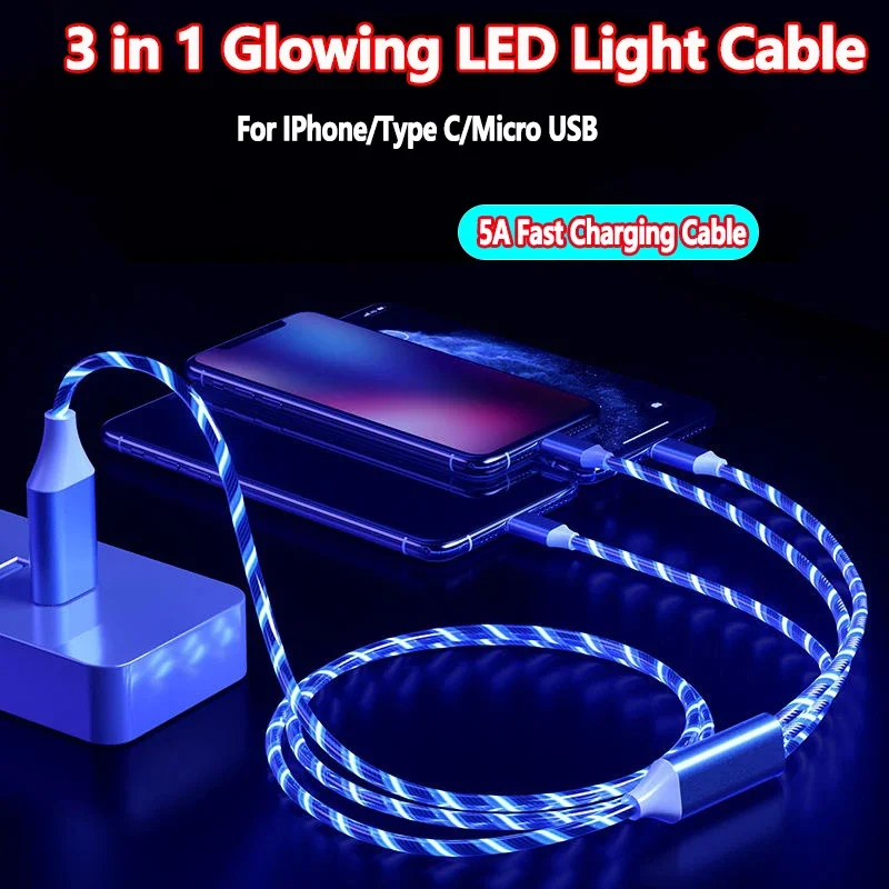 3 in 1 LED Phone Charger Cable TPE USB Type C Micro USB Glowing Charging Cord for Smartphone Tablet