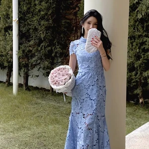 Fashion Luxury Winter 2024 Hot Sales New 3D Lace Long Blue Women Dress Sexy Hollow Out Slim Party Elegant Evening Dress