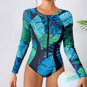 Custom Designer Women's One Piece Green Leaf Swimsuit 2026 High Cut Luxury Athletic Sporty Long Sleeve Zippers Quick Dry Stretch
