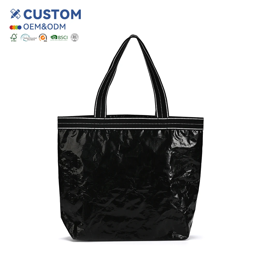 Custom Recycled PP Woven Shopping Tote Bag Eco-Friendly Reusable Grocery Bag with Logo Laminated Waterproof and Durable