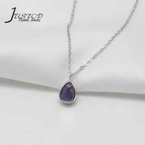 Custom 925 Sterling Silver Fashion Necklaces Teardrop Amethyst with Natural Stone Pendant charms Link Chain Bezel Setting