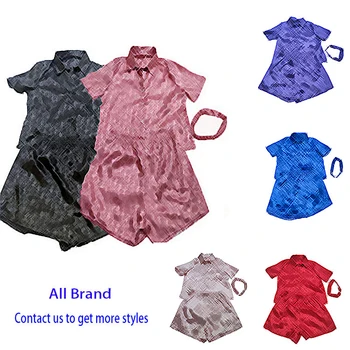 Famous Brand Summer Women Silk Short Sleeve Sleepwear With Headband Designer Print 3 Piece Satin Pajamas Sets