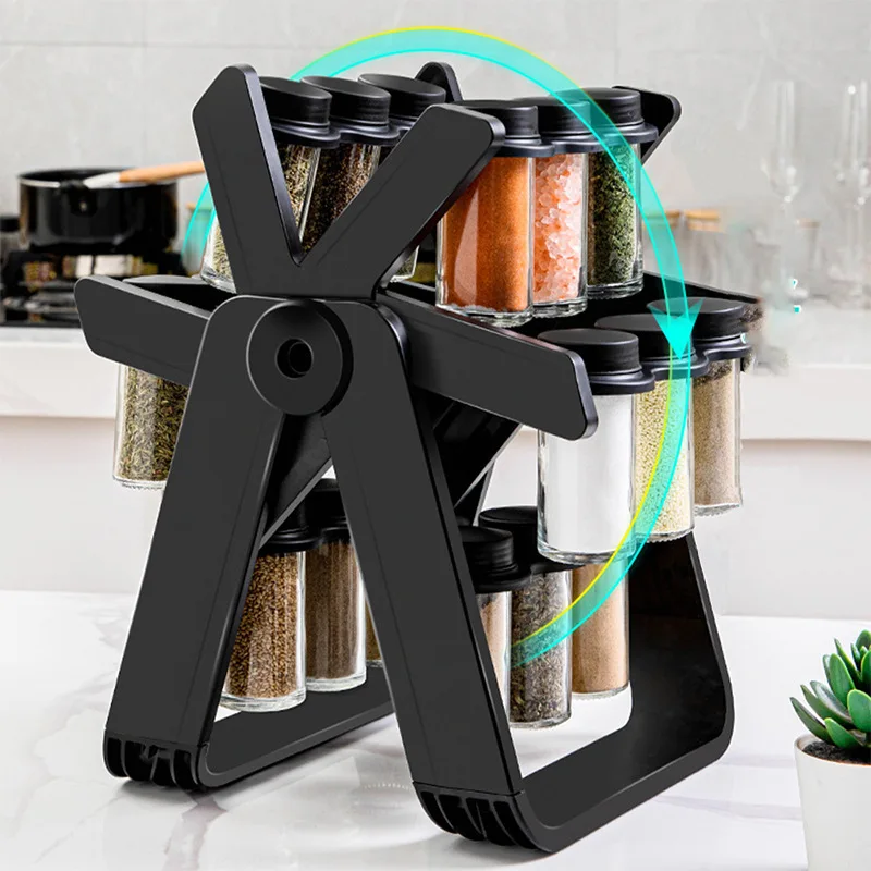 DD995 Rotating Rack Organizer With 18PCS Can Seasoning Glass Bottle Jar Set Kitchen Supplies Ferris Wheel Storage Spice Rack