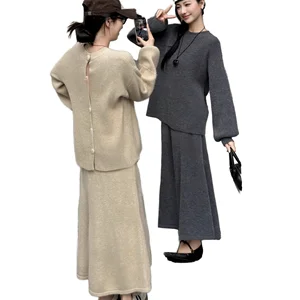 Customize New Korean Style Solid Pattern Loose Button-Down Round-Neck Knit Casual Top Skirt Two-Piece Suit for Autumn Women