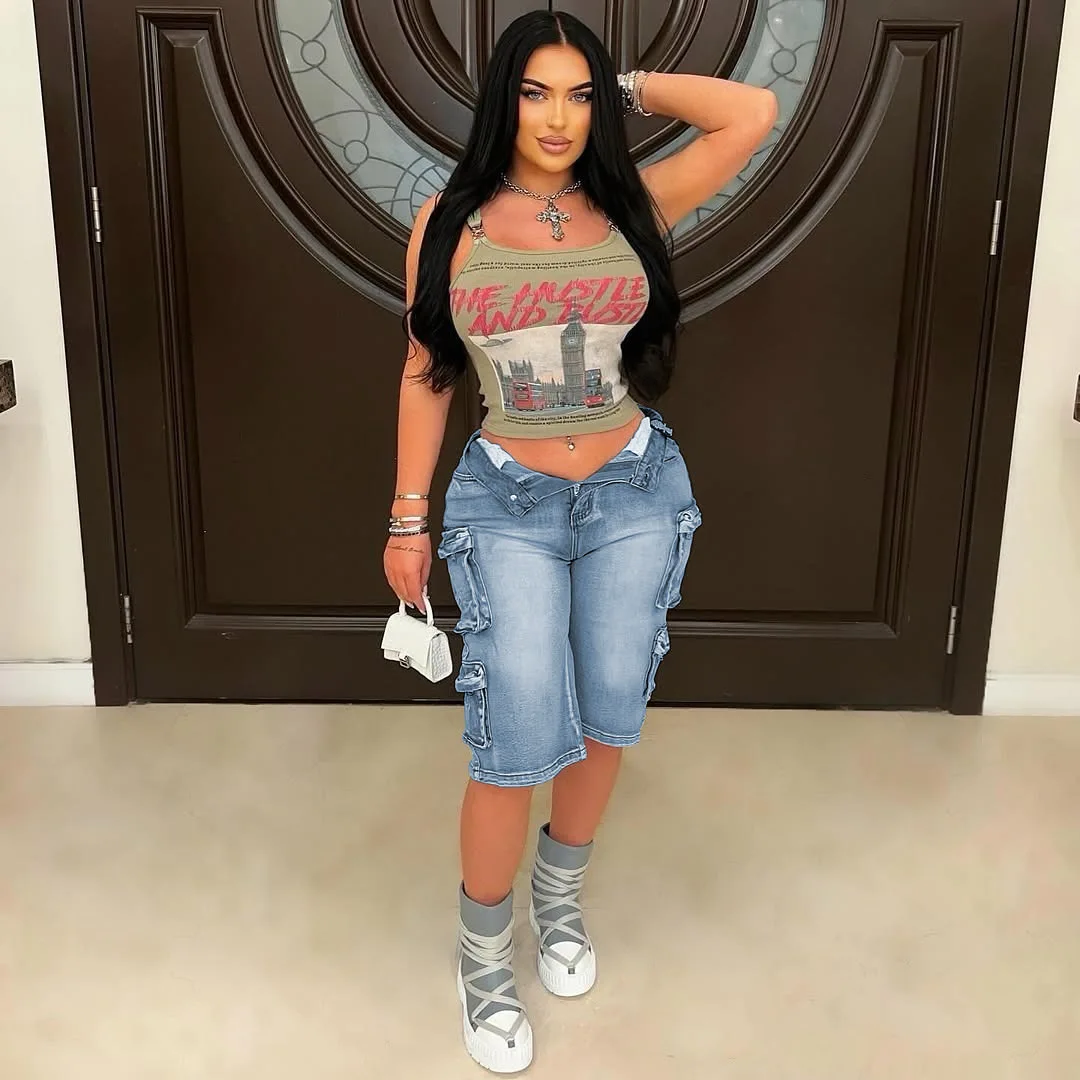 Cross-border New for European American Women's Fashion High Multi-pocket Washed Cropped Denim Cargo Pants Quick Dry Slimming