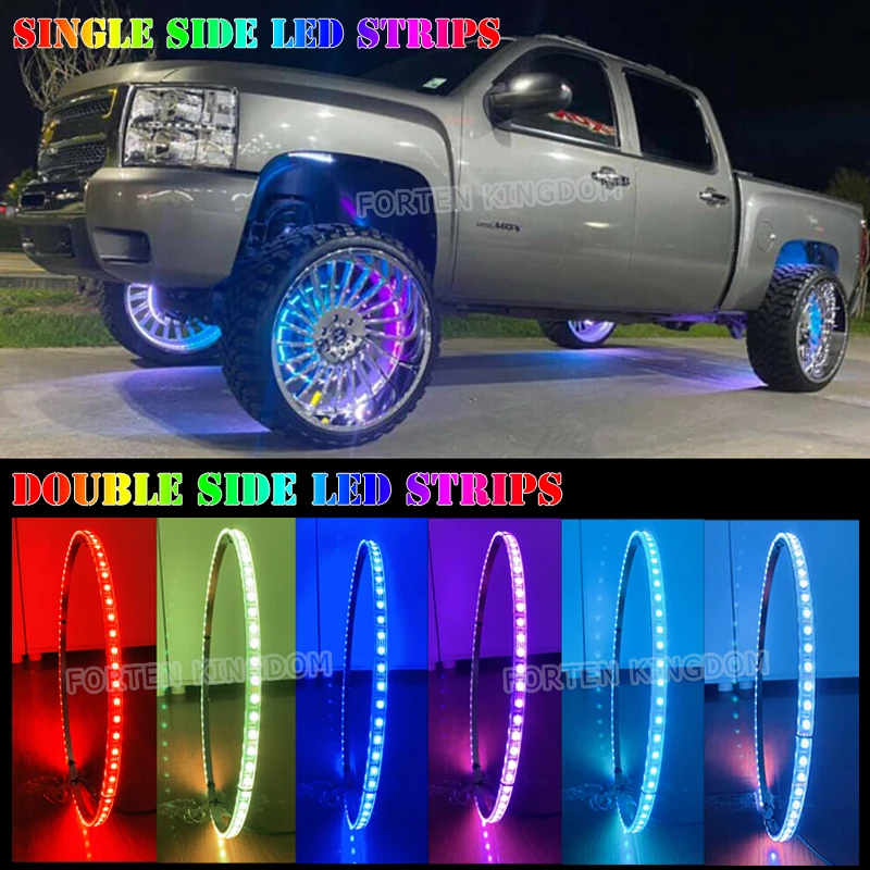 17'' Double-Row RGB + IC Wheel Ring Lights Kit MICTUNING, Chasing Color Flow Neon Wheel Rim Lights for Pickup Truck Car SUV