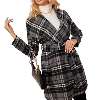 British trend short jacket outerwear black plaid wool coat winter long women coat for women