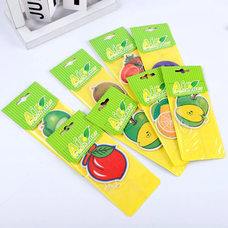 Free design eco friendly best selling car perfume custom fruit car air freshener with backing card package supplier