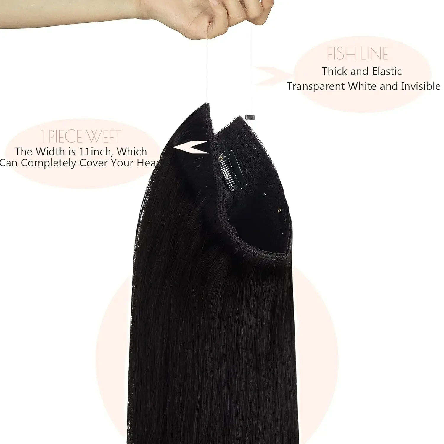 Extension per capelli umani con linea di pesce dritta con 4 clip, filo invisibile, 100% veri capelli neri Remy per donna_voghion.com