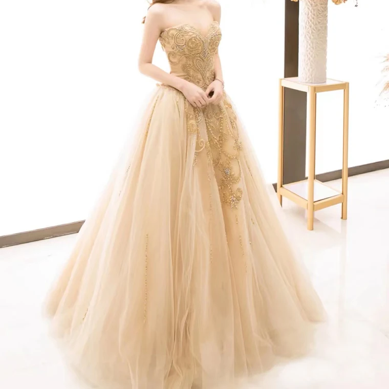 slim fit dress slacks Gold & Blush Floral Embroidered Beaded A-Line Wedding Dress main image 0