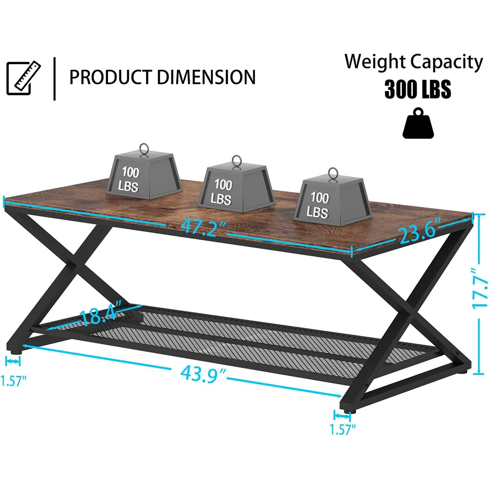 product modern coffee table storage industrial wood metal 2 tier mesh shelf living room table low rectangle cocktail tea table office-3