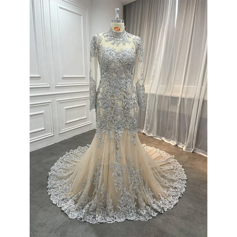 Noblebride, скромные свадебные платья с большим количеством бусин, белые блестящие Роскошные свадебные платья с длинным рукавом и юбкой-годе на заказ