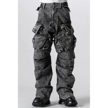 Popular casual man boy grey mid-waist long jeans cargo pocket stretch wash finish  rolling-up-hem Spring Summer button Boot Cut